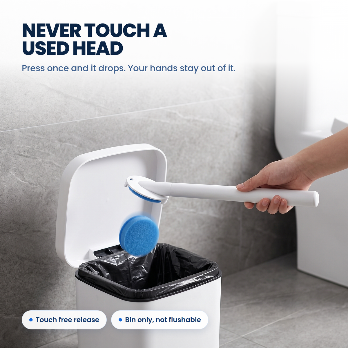 White: A used Kleanzo cleaning head dropping into a bin without being touched