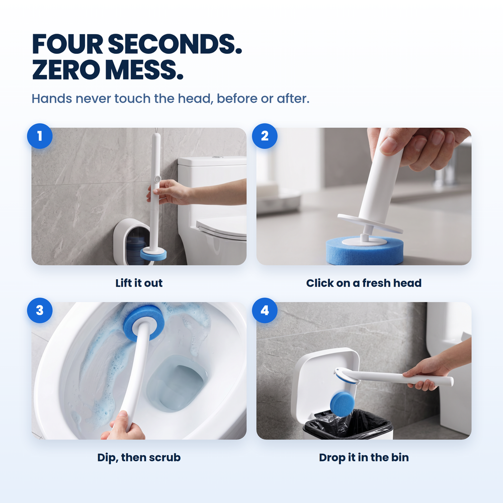White: Four steps, lift the handle, click on a fresh head, scrub, drop it in the bin