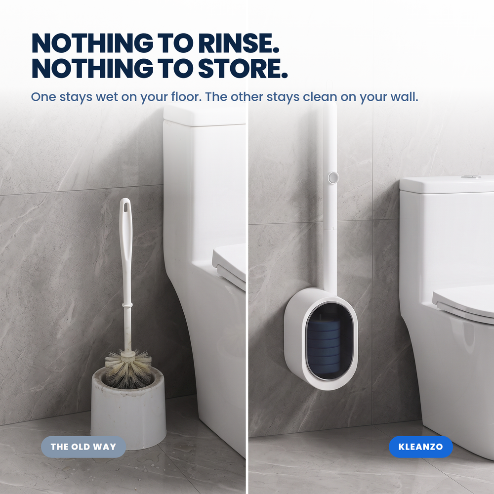 Kleanzo on the wall next to a conventional toilet brush standing in its floor holder
