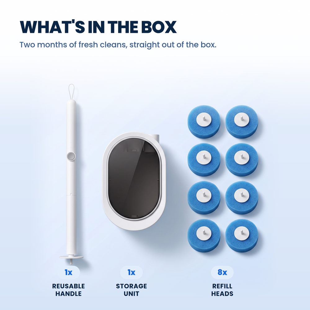 What is in the box, one reusable handle, one storage unit and eight refill heads