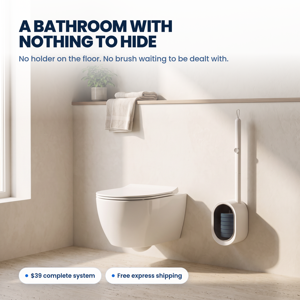 Kleanzo mounted in a calm modern bathroom with nothing standing on the floor