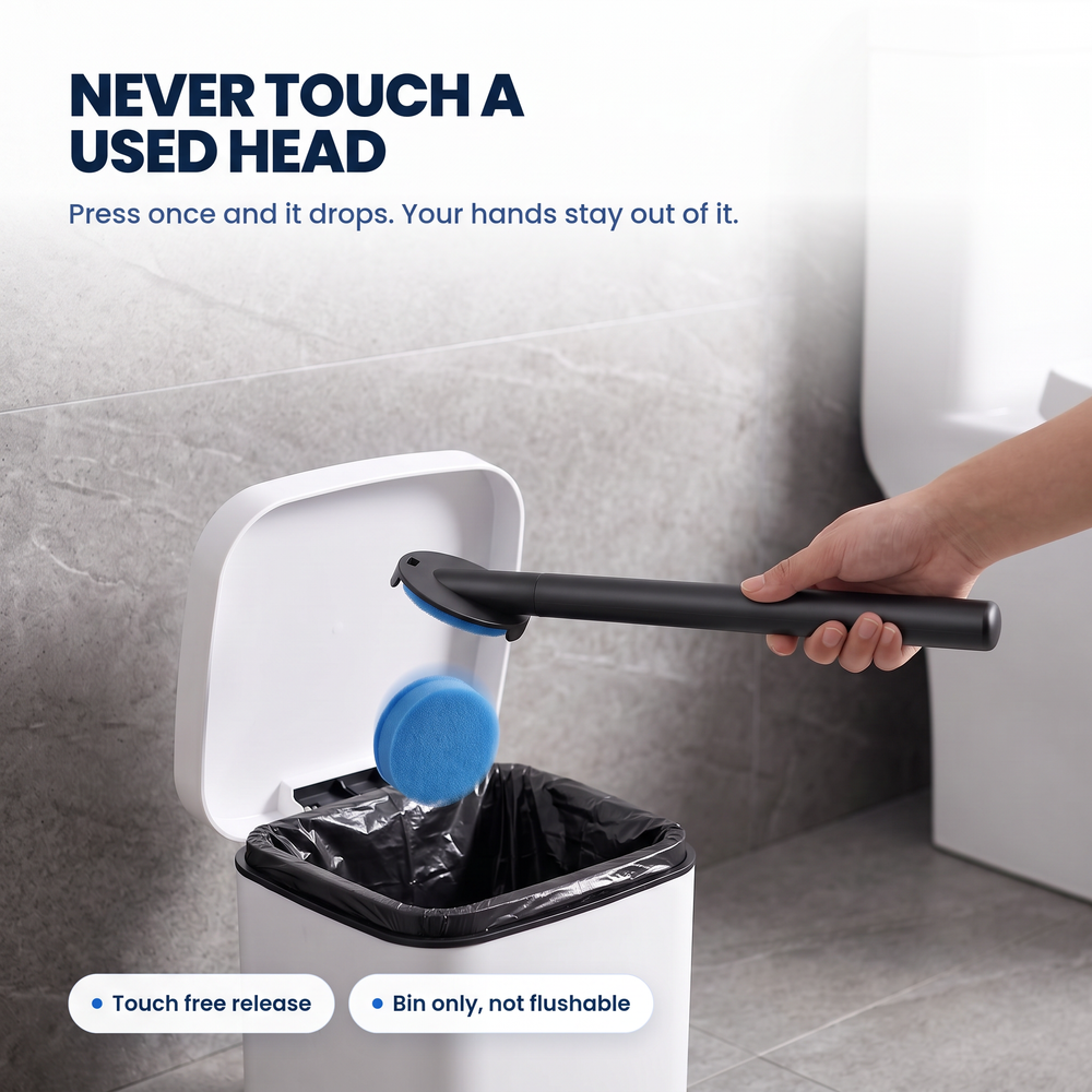 Black: A used Kleanzo cleaning head dropping into a bin without being touched