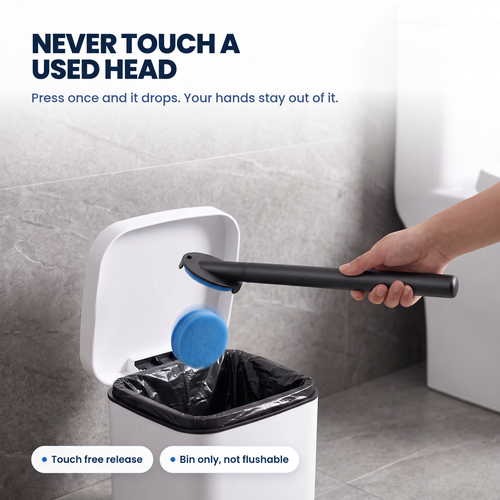 Black: A used Kleanzo cleaning head dropping into a bin without being touched