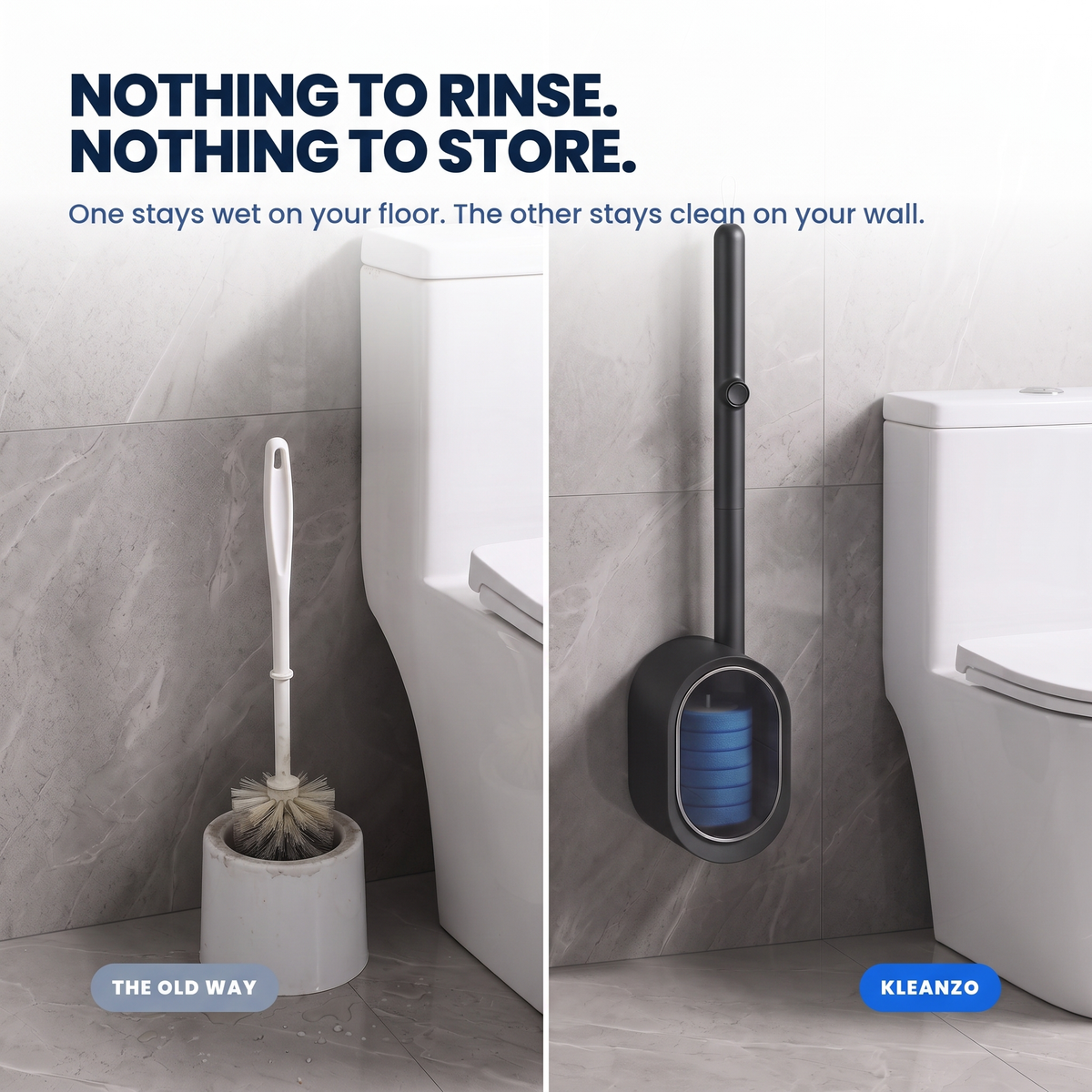 Black: Kleanzo in black on the wall next to a conventional toilet brush standing in its floor holder