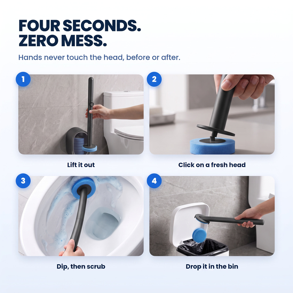 Four steps, lift the handle, click on a fresh head, scrub, drop it in the bin