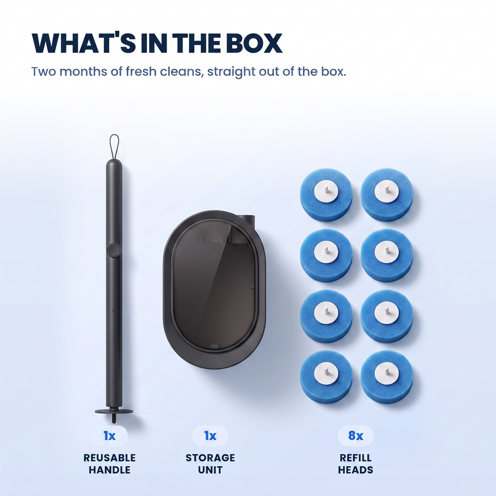 What is in the box, one reusable handle, one storage unit and eight refill heads