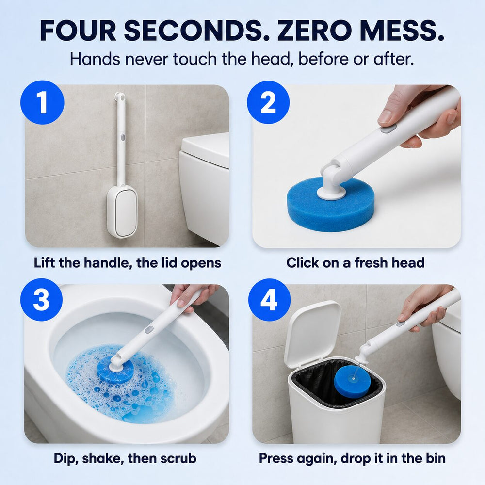 Four step process: lift, click on, scrub, drop in the bin